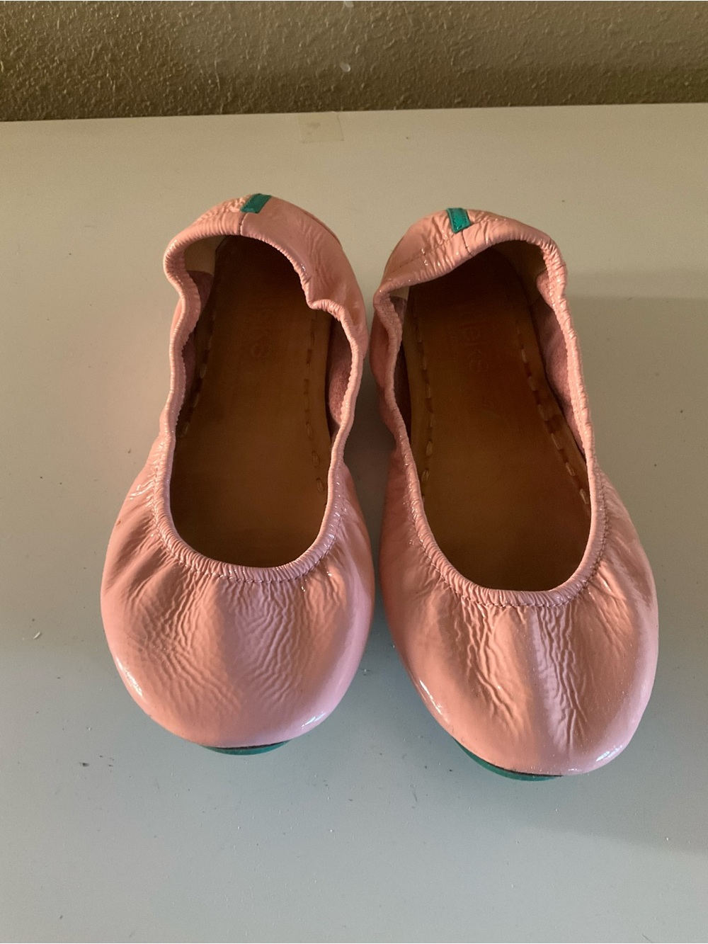 Tieks Pink Ballet Flats with Teal Heel Tabs